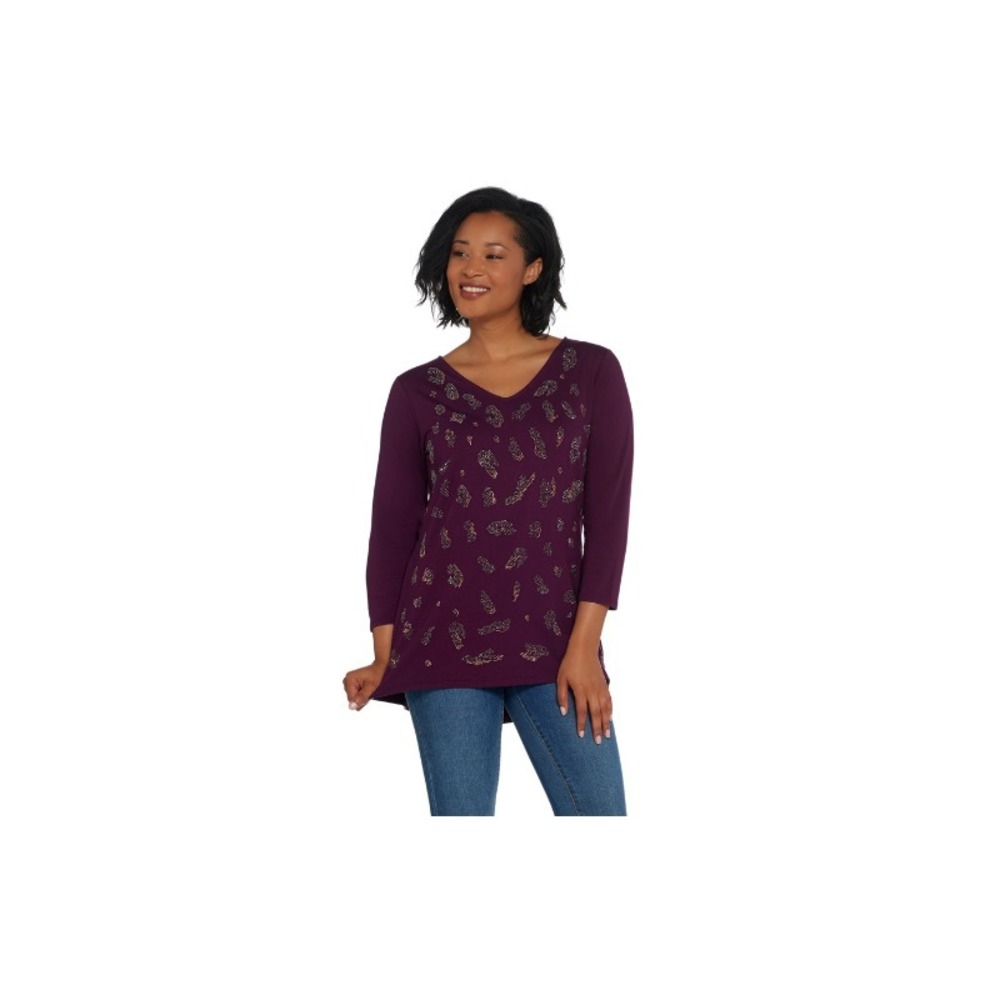 Susan Graver Weekend Cotton/Modal/Spandex Embellished Top Purple Womens Size XL